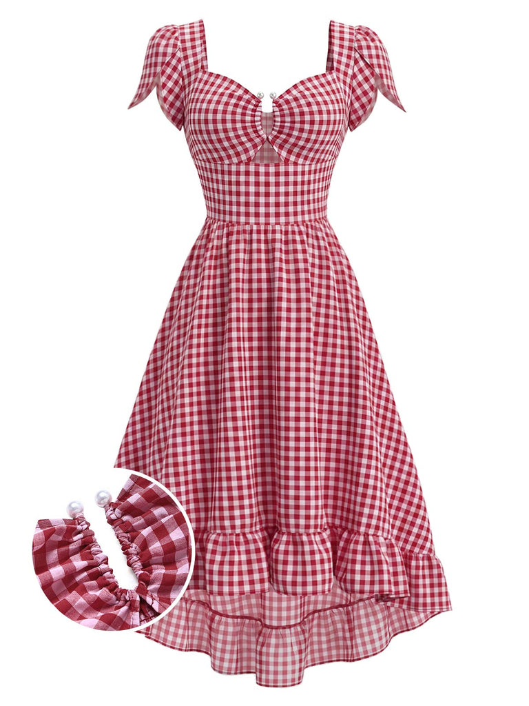 [Prévente] Robe Rouge Vichy Manches Tulipe Asymétrique Volant Années 1940