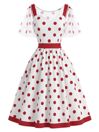 [Prévente] Robe Rouge Blanc à Pois avec Detachable Filet Cape Années 1950