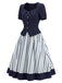 [Prévente] 2PCS Blouse Ajustée à Col Revers et Jupe à Rayures Verticales Bleu Années 1950