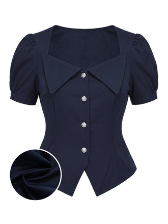 [Prévente] Blouse Ajustée à Col Revers et Manches Courtes Bouffantes Bleu Profond Années 1950