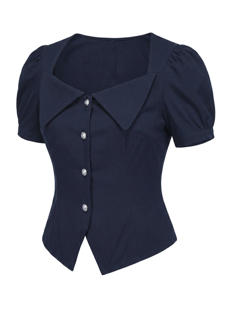 [Prévente] 2PCS Blouse Ajustée à Col Revers et Jupe à Rayures Verticales Bleu Années 1950
