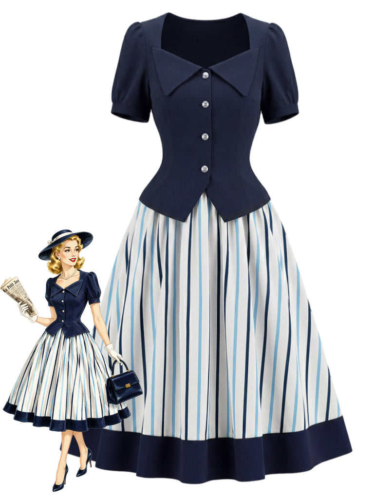 [Prévente] 2PCS Blouse Ajustée à Col Revers et Jupe à Rayures Verticales Bleu Années 1950