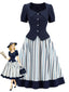 [Prévente] 2PCS Blouse bleue cintrée revers et jupe rayures verticales années 1950