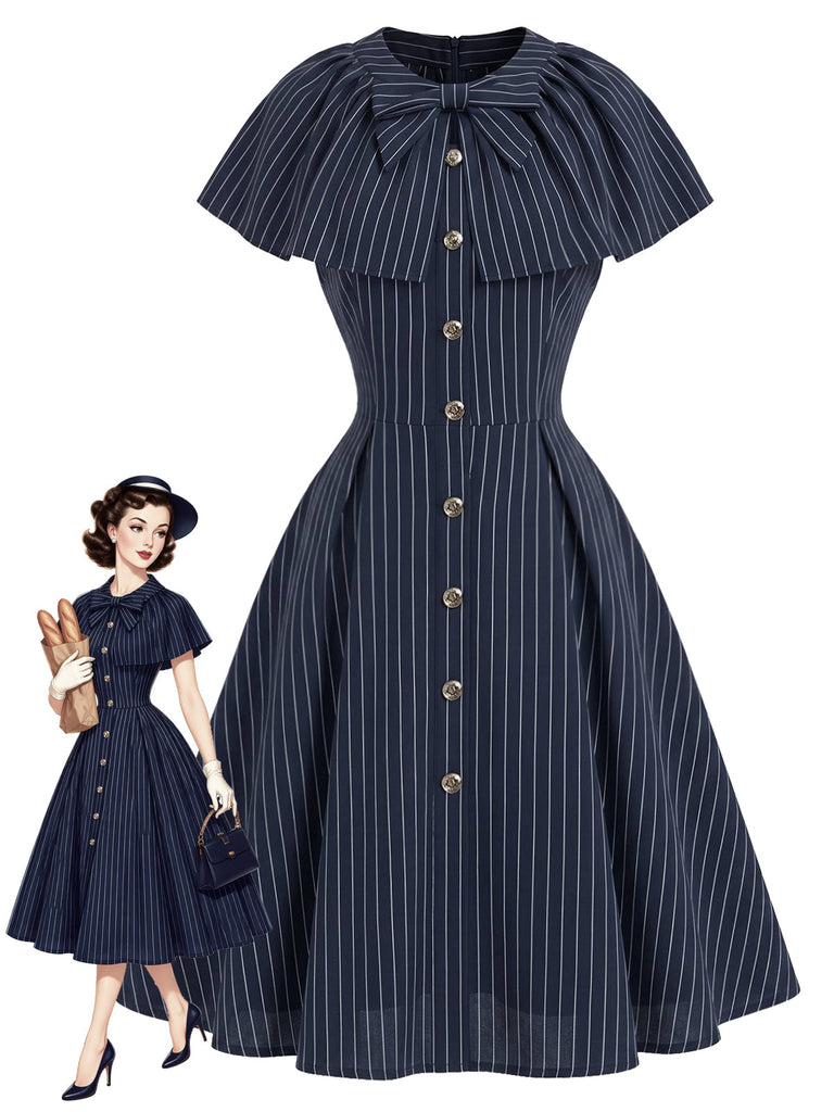 [Prévente] Robe bleu profond à fines rayures, col noué et capelet années 1950