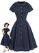 [Prévente] Robe bleu profond à fines rayures, col noué et capelet années 1950