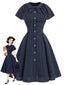 [Prévente] Robe-capelet bleu profond fines rayures et col noué années 1950
