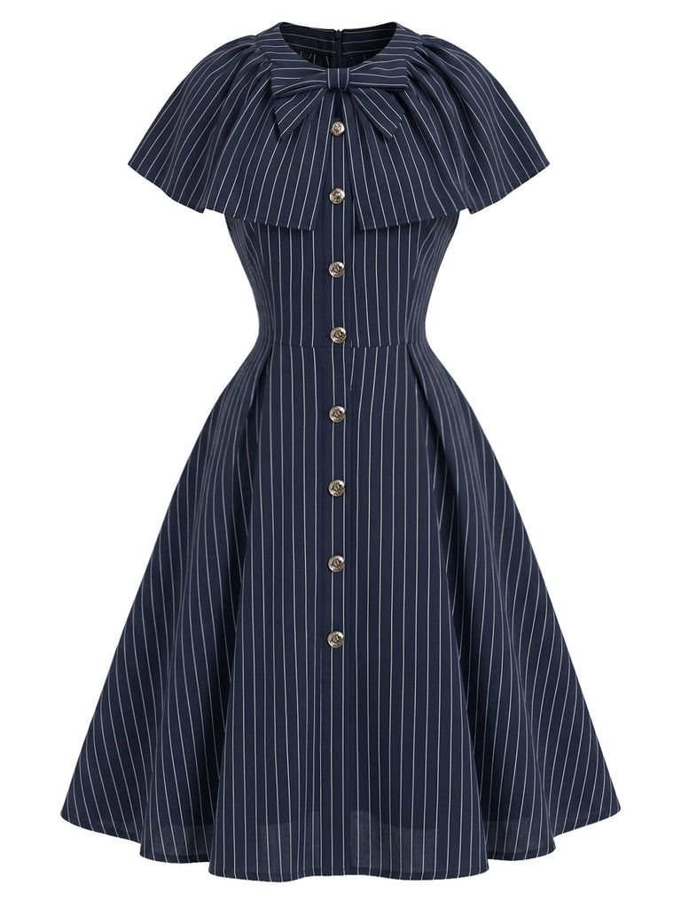 [Prévente] Robe bleu profond à fines rayures, col noué et capelet années 1950