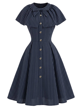 [Prévente] Robe bleu profond à fines rayures, col noué et capelet années 1950