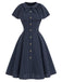 [Prévente] Robe bleu profond à fines rayures, col noué et capelet années 1950
