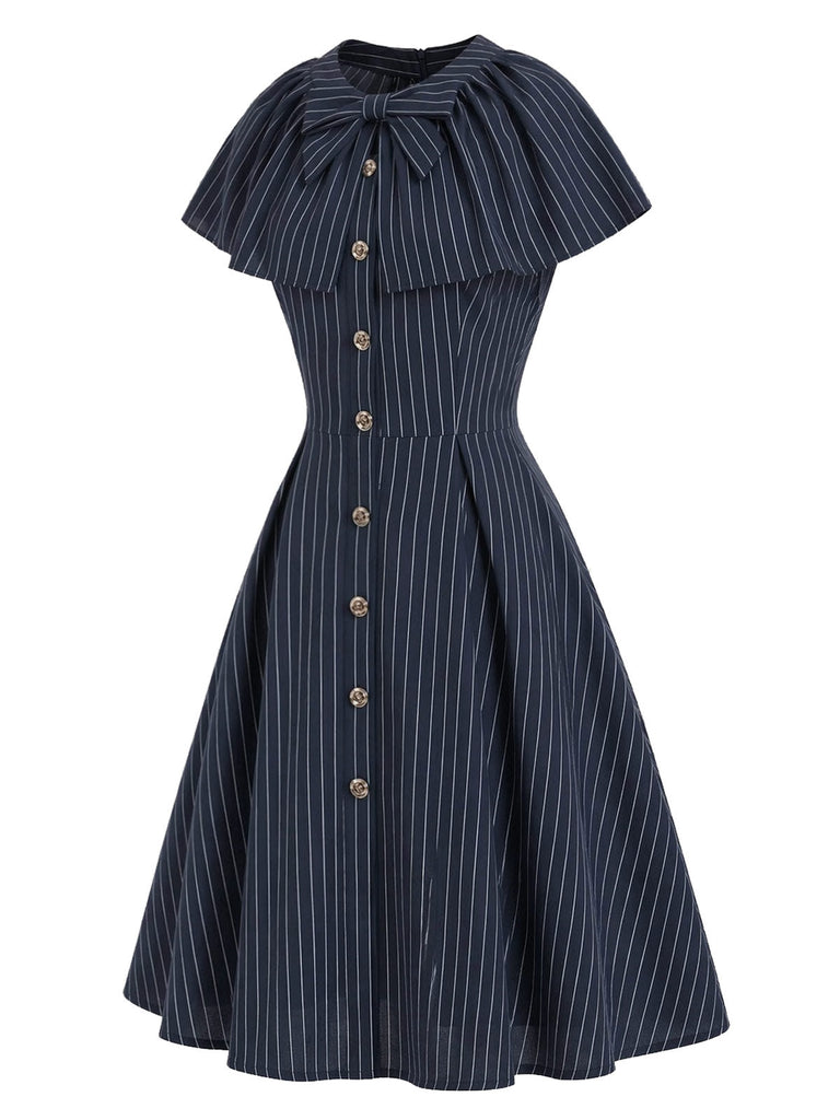[Prévente] Robe bleu profond à fines rayures, col noué et capelet années 1950