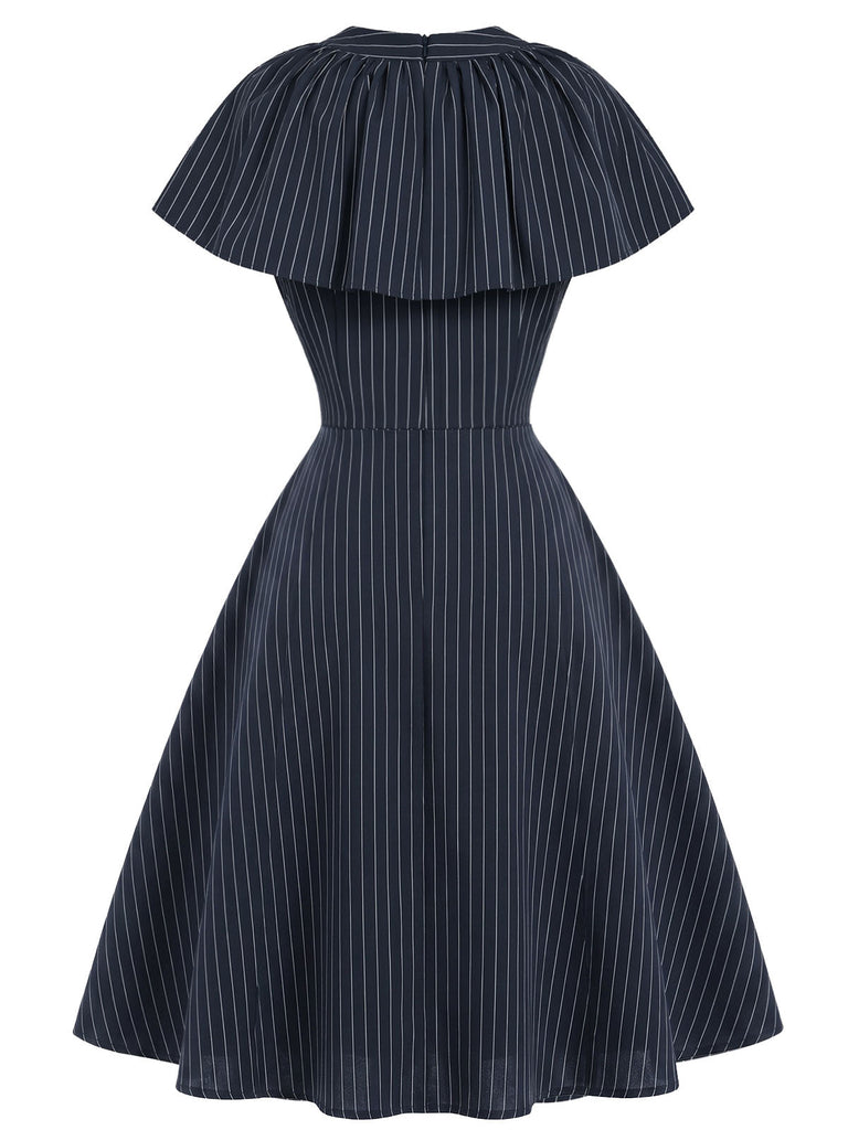 [Prévente] Robe bleu profond à fines rayures, col noué et capelet années 1950