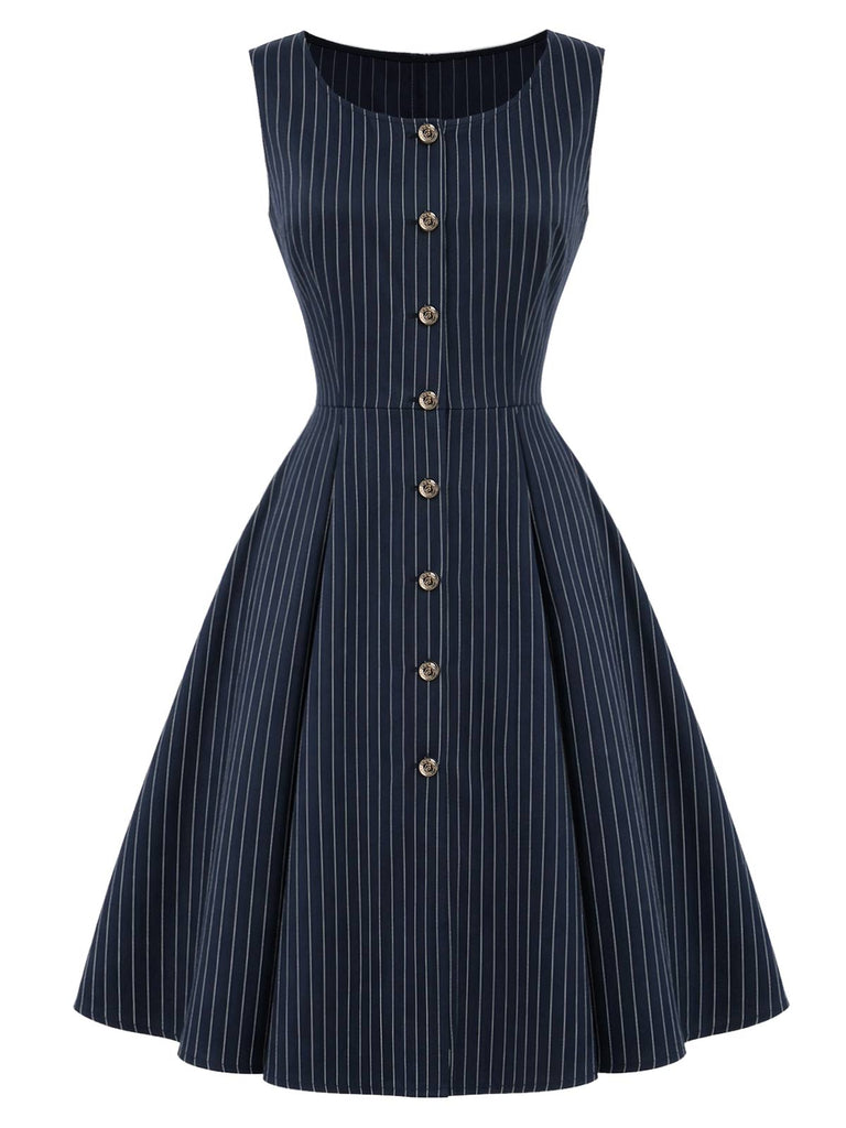 [Prévente] Robe bleu profond à fines rayures, col noué et capelet années 1950