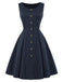 [Prévente] Robe bleu profond à fines rayures, col noué et capelet années 1950