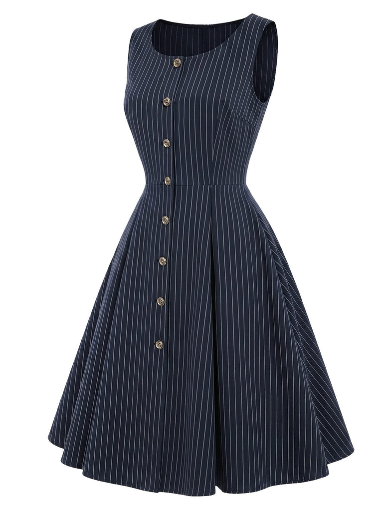 [Prévente] Robe bleu profond à fines rayures, col noué et capelet années 1950