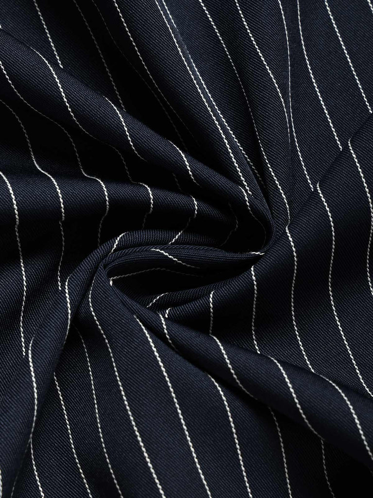 [Prévente] Robe bleu profond à fines rayures, col noué et capelet années 1950