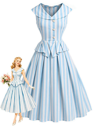 [Prévente] Robe Sans Manches Revers Rayée Bleu Clair Années 1950