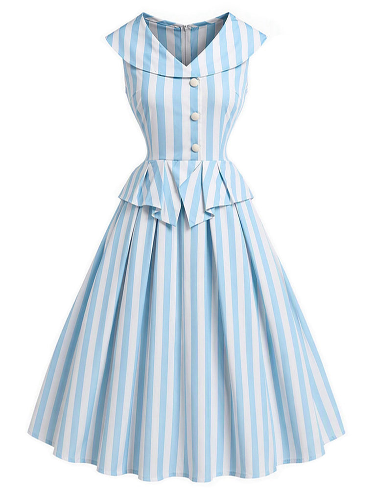 [Prévente] Robe Sans Manches Revers Rayée Bleu Clair Années 1950