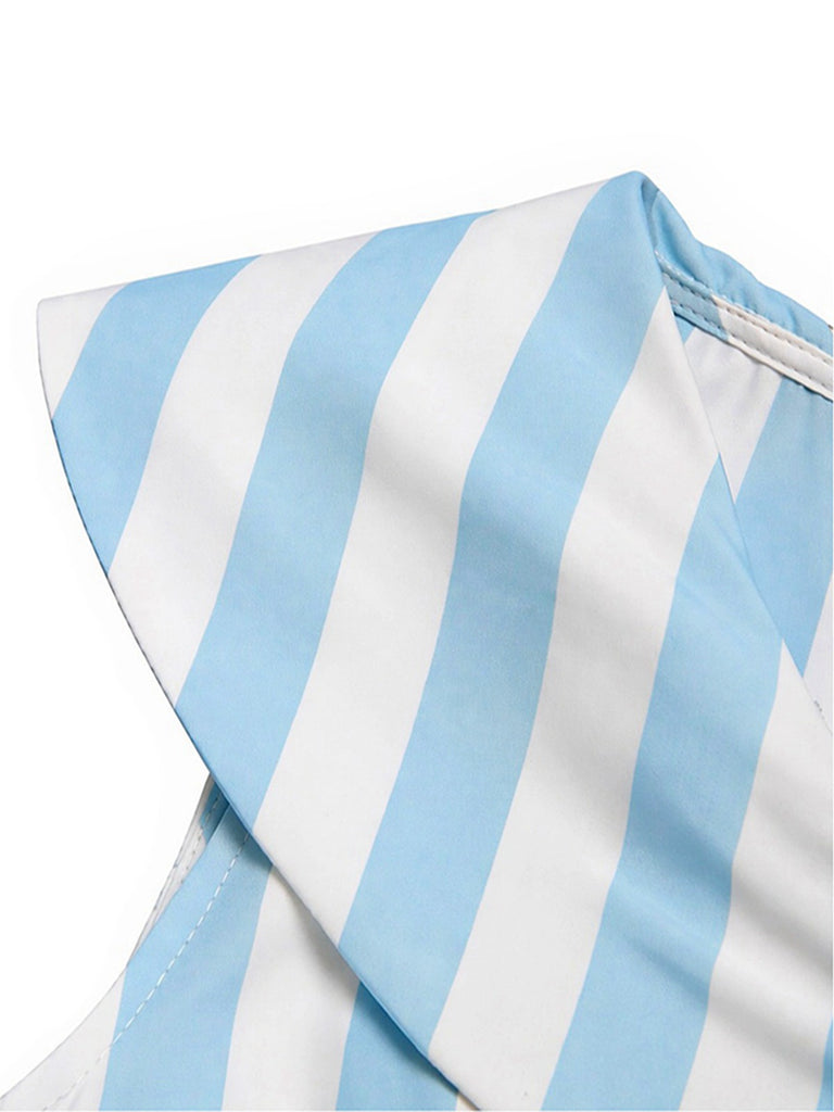 [Prévente] Robe Sans Manches Revers Rayée Bleu Clair Années 1950