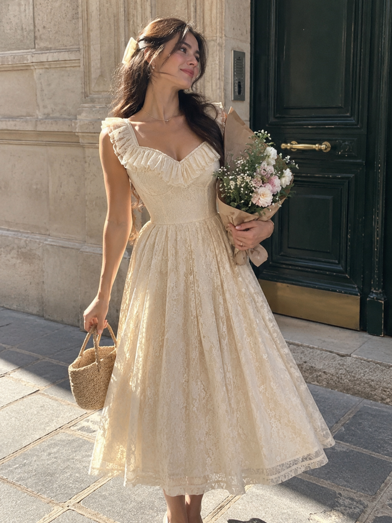 Robe Évasée Col Cœur en Dentelle Beige Années 1950