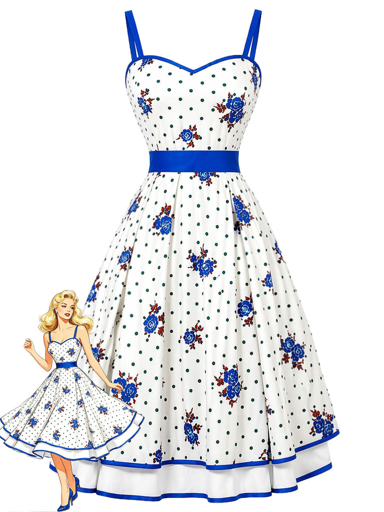 [Prévente] Robe Blanc Bleu Floral à Pois à Étages Évasé Années 1950