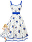 [Prévente] Robe évasée étages blanche motif floral bleu et pois années 50