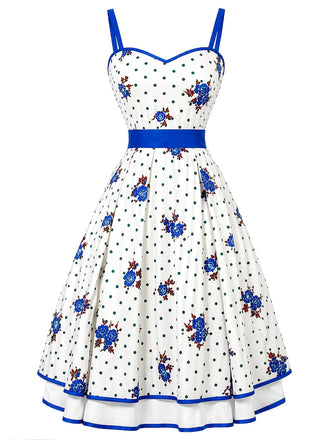 [Prévente] Robe Blanc Bleu Floral à Pois à Étages Évasé Années 1950 2