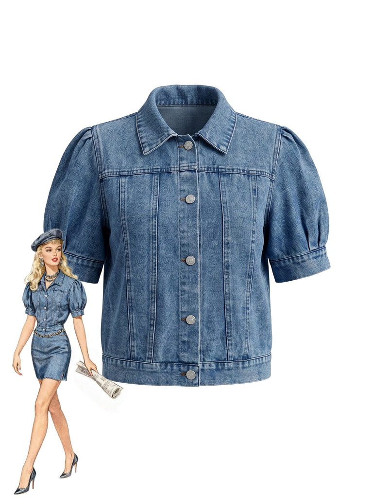 Veste Manches Bouffantes Cropped Denim Années 1950