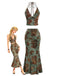 Ensemble 2 Pièces Jupe Sirène Dos-Nu Floral Vert Foncé Années 70