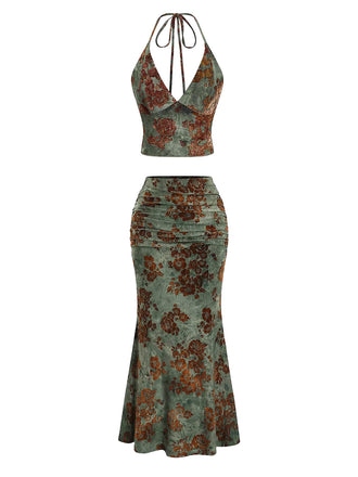 Ensemble 2 Pièces Jupe Sirène Dos-Nu Floral Vert Foncé Années 70