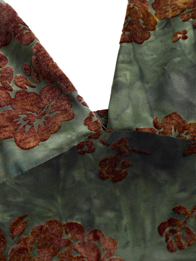Ensemble 2 Pièces Jupe Sirène Dos-Nu Floral Vert Foncé Années 70