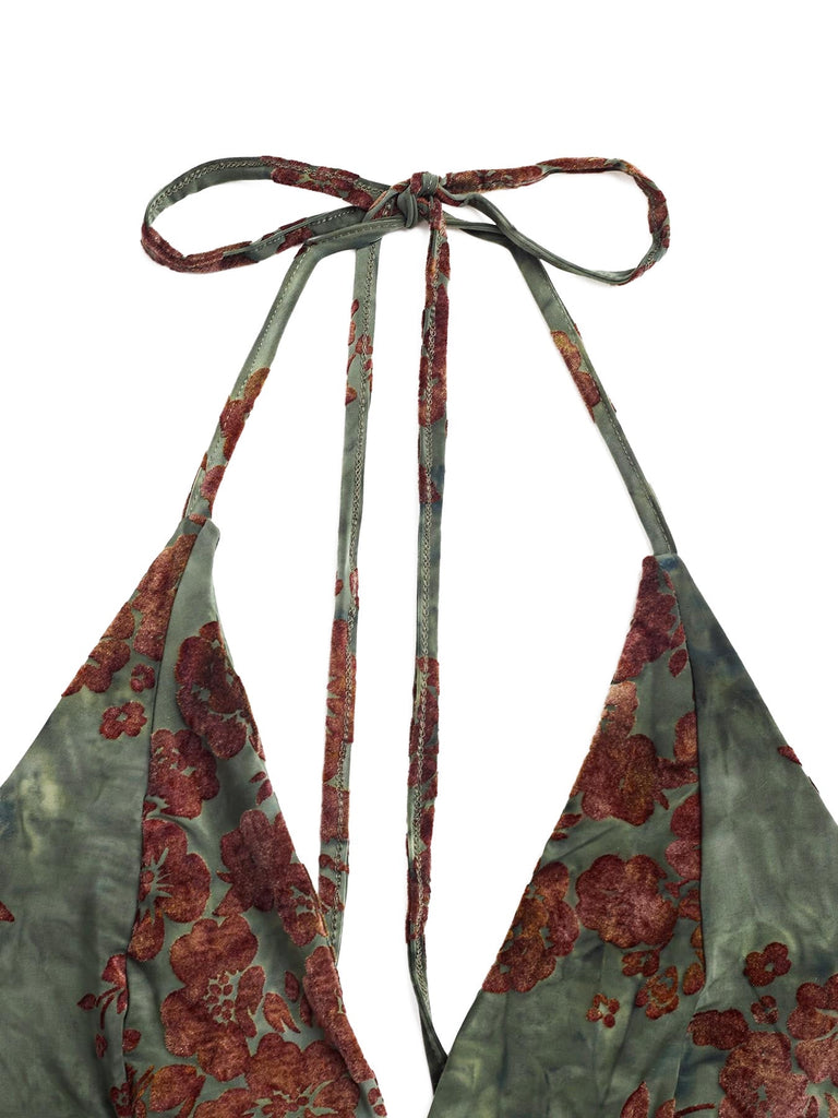 Ensemble 2 Pièces Jupe Sirène Dos-Nu Floral Vert Foncé Années 70