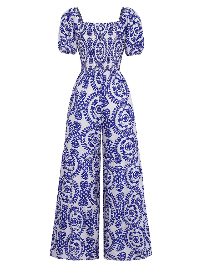 Combinaison Bleu Floral Col Échancré Manches Bouffantes Bohème Années 1950