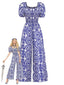 Combinaison bohème bleue motif floral encolure arrondie et manches bouffantes années 50
