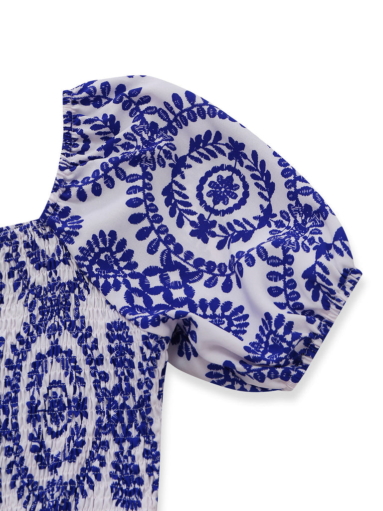 Combinaison Bleu Floral Col Échancré Manches Bouffantes Bohème Années 1950 5