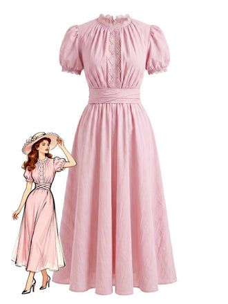 Robe Dentelle Trim Manches Bouffantes Maxi Années 1920