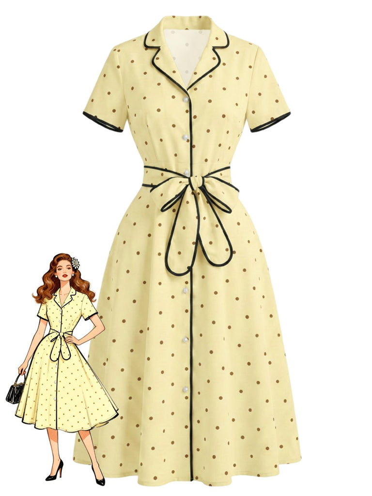 Robe à Pois Col Cranté Passepoil Années 1940