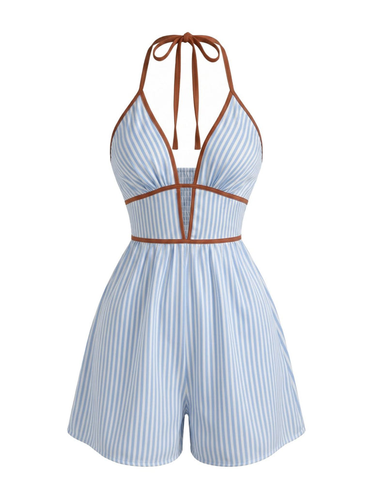 Combishort Dos Nu Contrasté Halter Vertical Rayé Bordure Bleu Années 1950