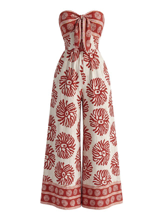 Combinaison Bustier Jambes Larges Floral Bohème Imprimé Rouge Années 1970 2