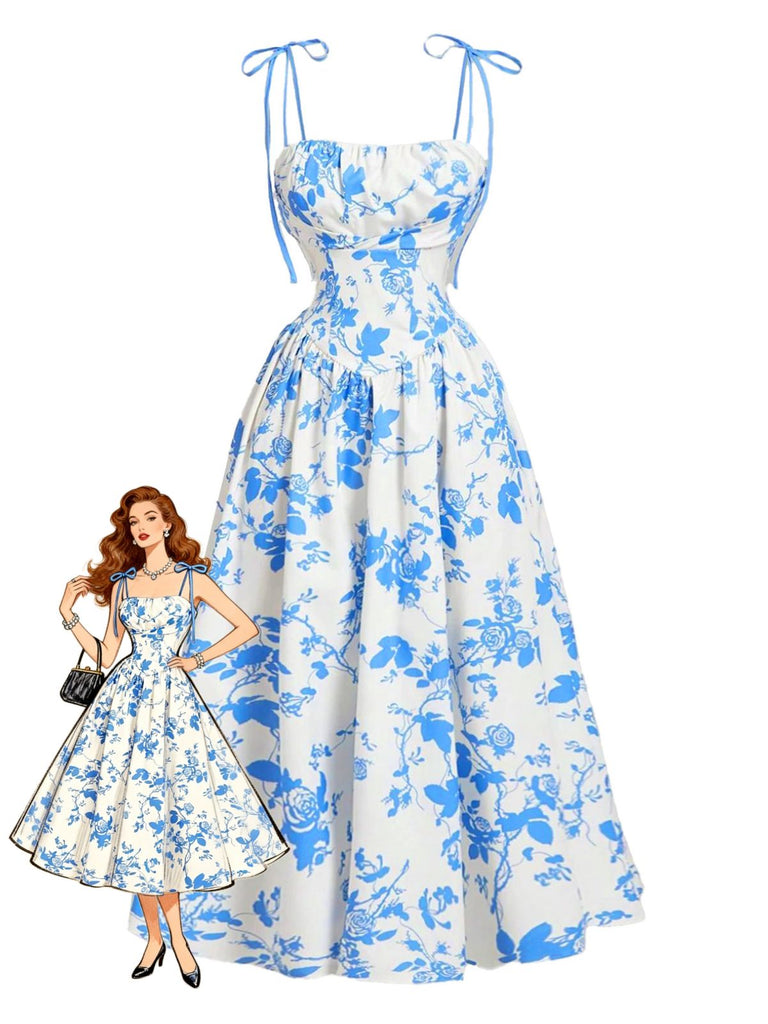 Robe Midi à Bretelles Nouées Imprimé Floral Années 50
