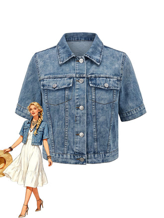 Veste Courte Denim Col à Revers Bleu Années 1950