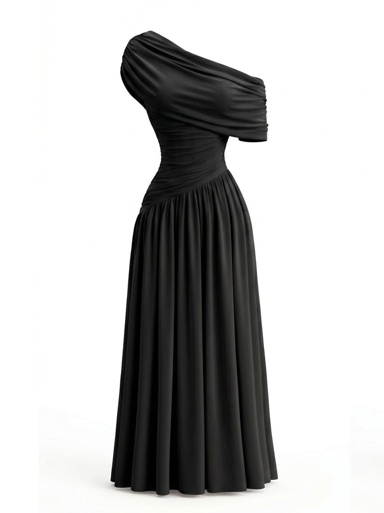 Robe Drapée Asymétrique Une Épaule Années 70