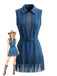 Robe Western à Franges Ceinturée en Faux Daim Bleu Marine Années 70