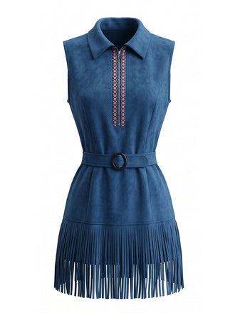 Robe bleu marine western faux daim franges et ceinture années 70