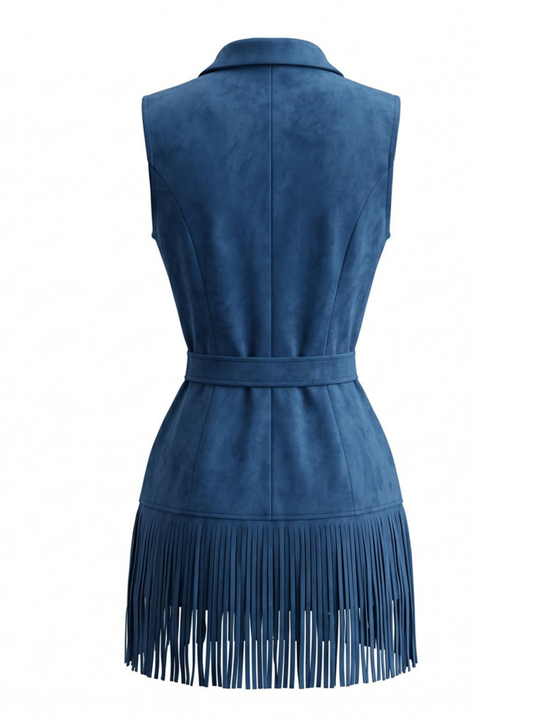 Robe bleu marine western faux daim franges et ceinture années 70
