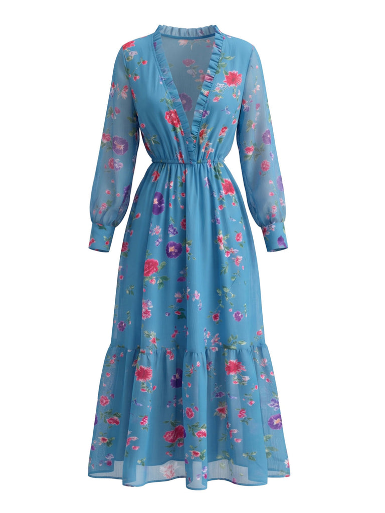 Robe longue bohème bleue fleurie à col V plongeant et volants années 1970
