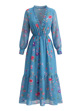 Robe longue bohème bleue fleurie à col V plongeant et volants années 1970
