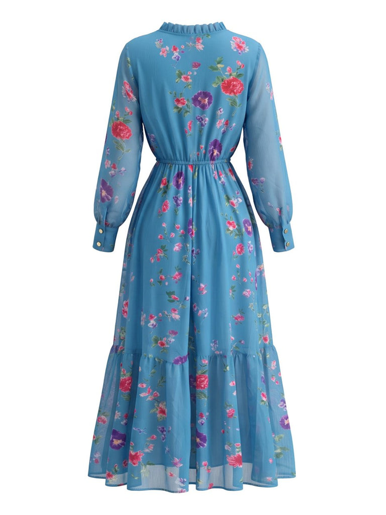 Robe longue bohème bleue fleurie à col V plongeant et volants années 1970