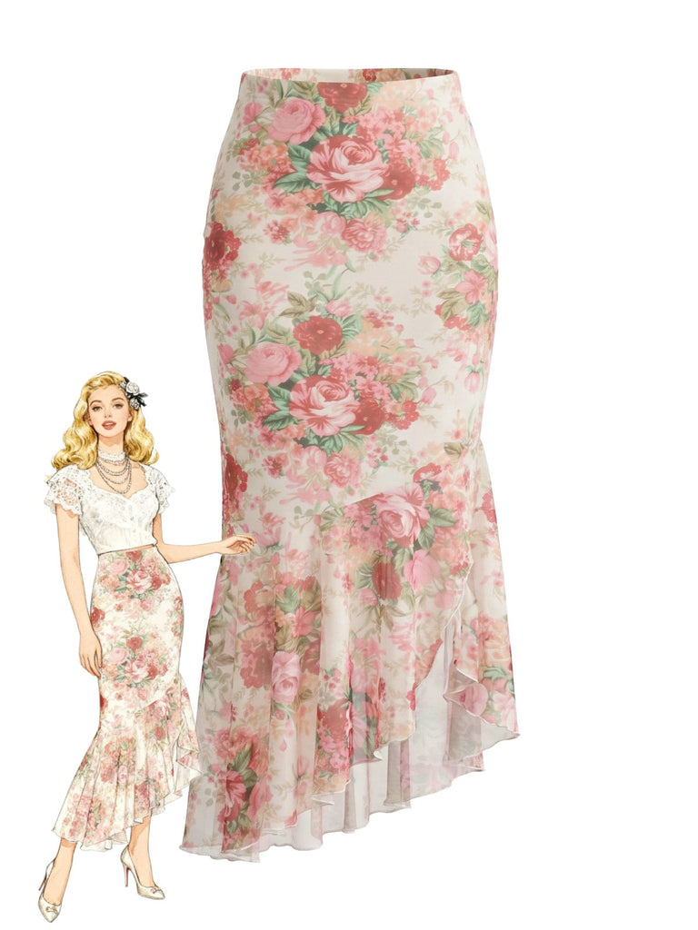 Jupe Asymétrique Floral Volant Mi-Longue Années 1970