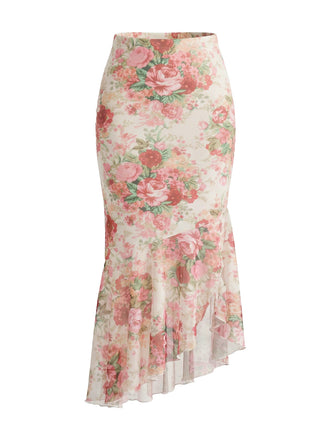Jupe Asymétrique Floral Volant Mi-Longue Années 1970 2