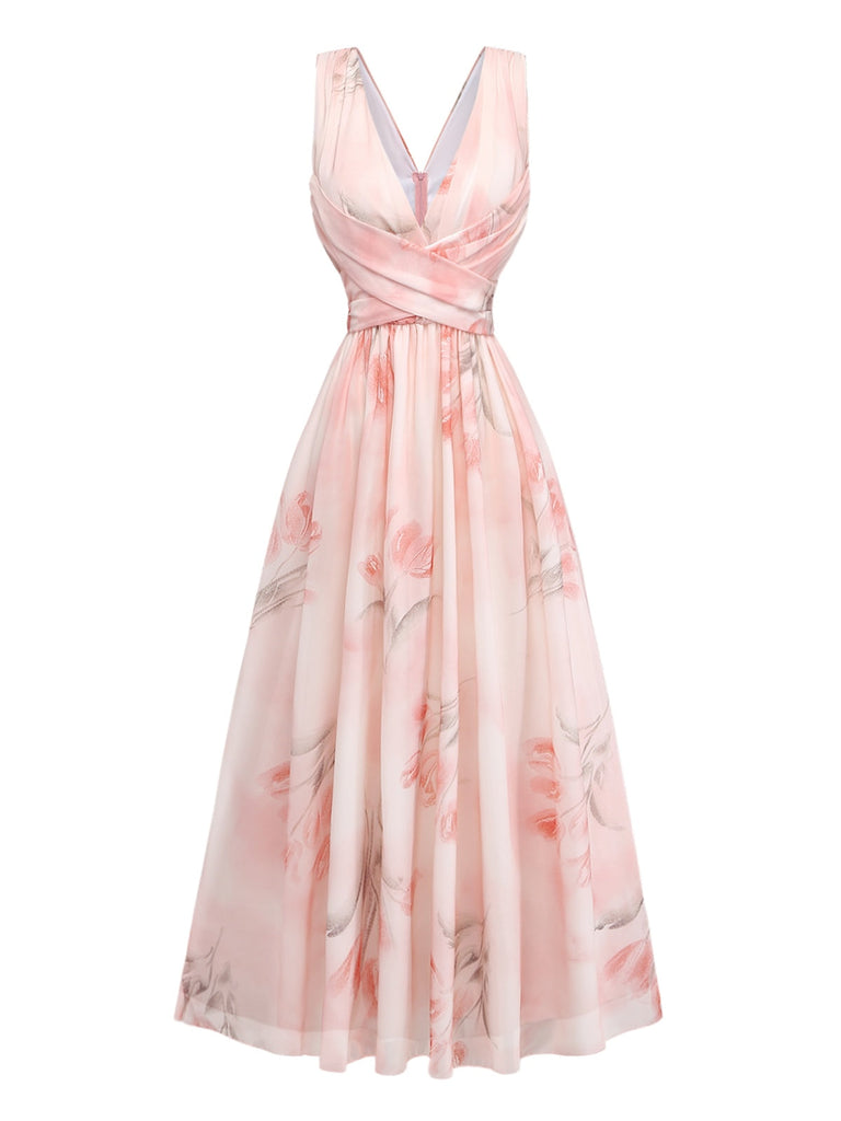 Robe Floral Portefeuille Longue Croisé V Col Rose Années 1950